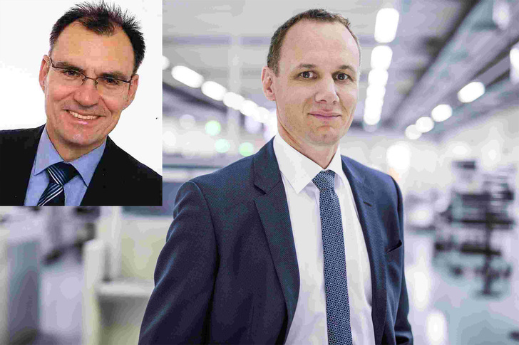 Dr. Manfred Gerhard, Geschäftsführer KOSTAL Industrie Elektrik und Michael Voigtsberger (kleines Foto), Geschäftsführer Steca Elektronik, Memmingen