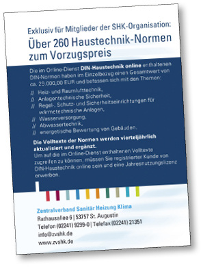 <p>
Nachschlagewerke für den Fachbetrieb: Zahlreiche Normen lassen sich zum vergünstigten Preis abonnieren.
</p>

<p>
</p> - © ZVSHK

