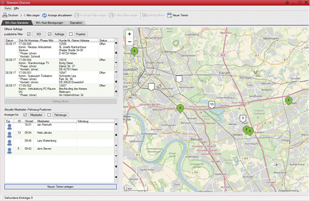 



Das Ortungsmodul der Handwerkersoftware Powerbird ermöglicht die Standortermittlung von Mitarbeitern oder Fahrzeugen.
