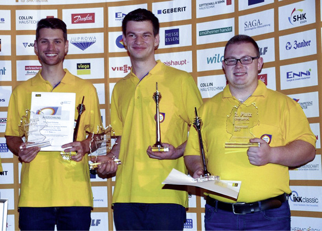 



Die besten Anlagenmechaniker SHK der Deutschen Meisterschaft 2017 (v. l.): Sieger Pascal Schreiter, der Drittplatzierte Benedikt Geldner und Timo Römer (2. Platz).

