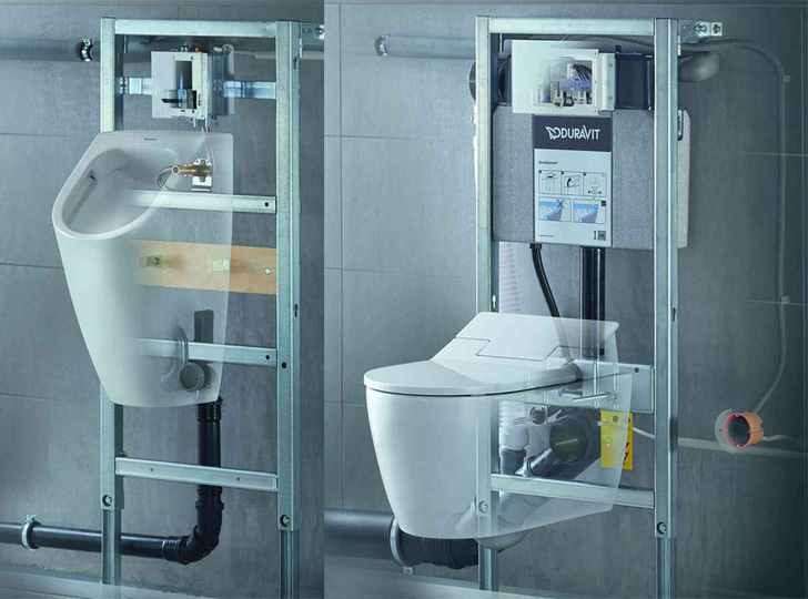 ME by Starck: 1. Urinal mit A2-Betägigungsplatte Chrom und Urinal-Element 2. SensoWash Slim WC mit WC-Element mit Geruchsabsaugung und Hygiene-Spülung