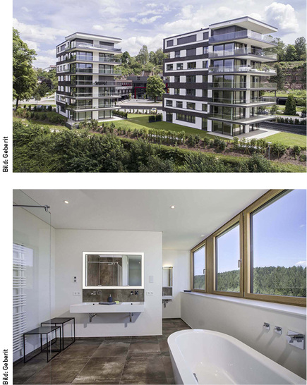 
Mit dem Installationssystem GIS von Geberit konnten die Bäder im Hausprojekt Parkside in Freudenstadt individuell gestaltet werden. Die Bewohner haben so eine Trennwand zwischen WC und Bad.
