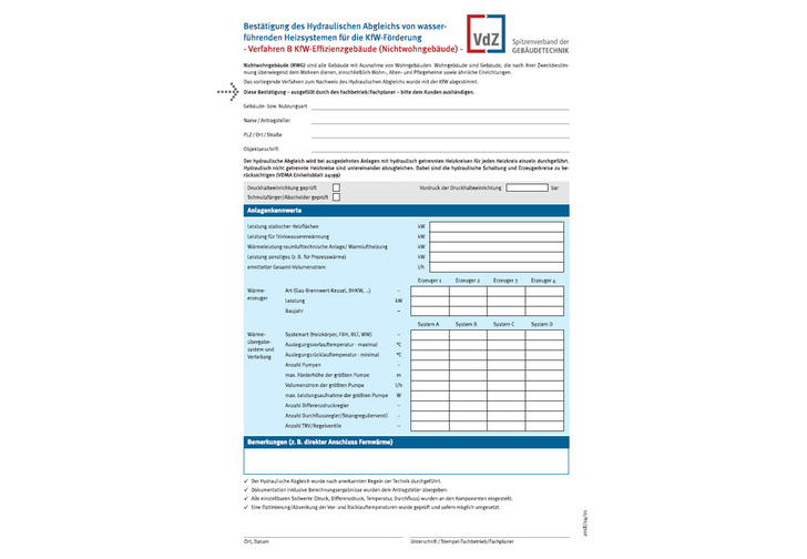 Neues Formular Hydraulischer Abgleich in NWG für KfW-Förderung