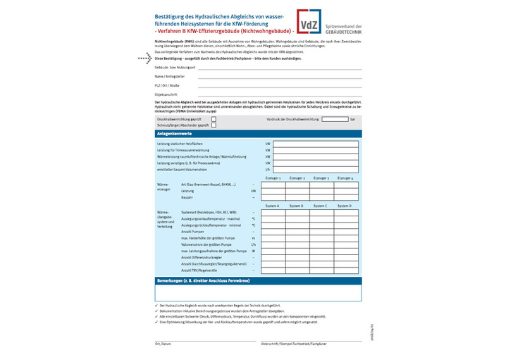 Neues Formular Hydraulischer Abgleich in NWG für KfW-Förderung - © VdZ
