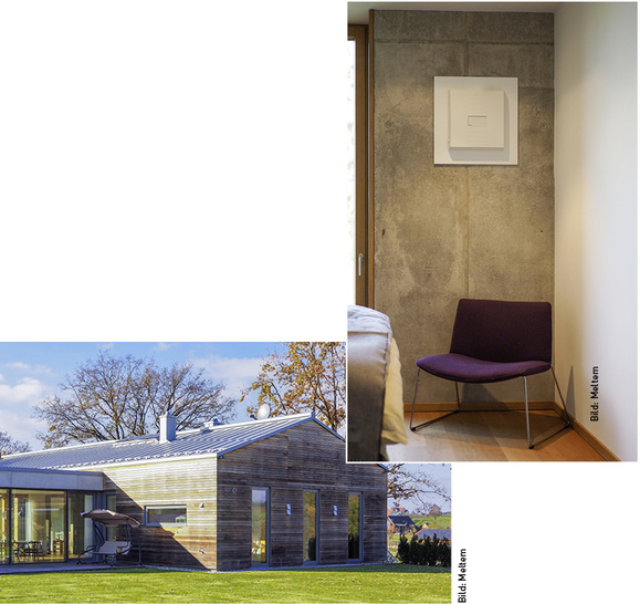 
Das Haus ist mit einer Lüftungsanlage mit Wärmerückgewinnung ausgestattet, bei der die Lüftungsgeräte innen auf den Sichtbetonwänden installiert wurden.
