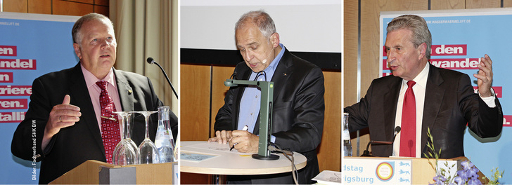 
In Ludwigsburg traf zur öffentlichen Mitgliederversammlung Branchenpolitik (Joachim Butz, links) auf Lebensphilosophie (Werner Küstenmacher, Mitte) und Europapolitik (Günther Oettinger, rechts).
