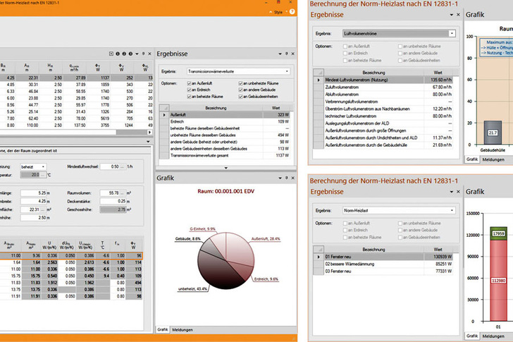 Oberfläche (Ausschnitt) des SOLAR-COMPUTER-Programms "Heizlast DIN EN / SPEC 12831-1", mit dem im Praxisteil der Seminare nationale Planungs-Beispiele gemäß Ausgabe 2018-10 der DIN SPEC 12831-1 erläutert werden, u. a. das Berücksichtigen von Lüftungszonen.