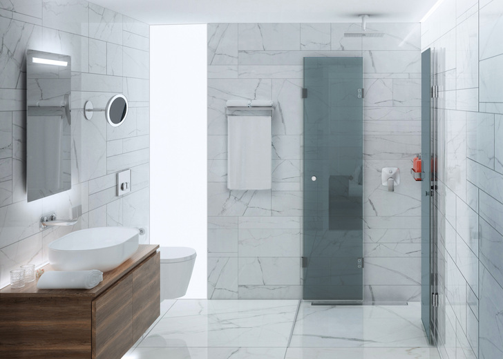 Hier ist die Rückwand mit der Eckdusche JOSEPHINE (je 2 bewegliche Seiten- und Türgläser) kombiniert. Das vollverspiegelte Spezialglas MIRASTAR verstärkt das einfallende Licht.