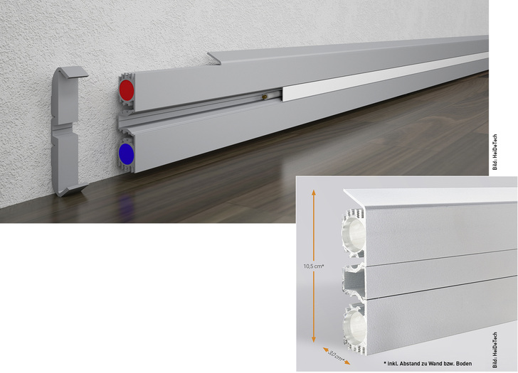 
Eine gleichmäßige und effektive Verteilung der Wärme wird durch eine umlaufende Montage an allen Wänden des Raumes erreicht.
