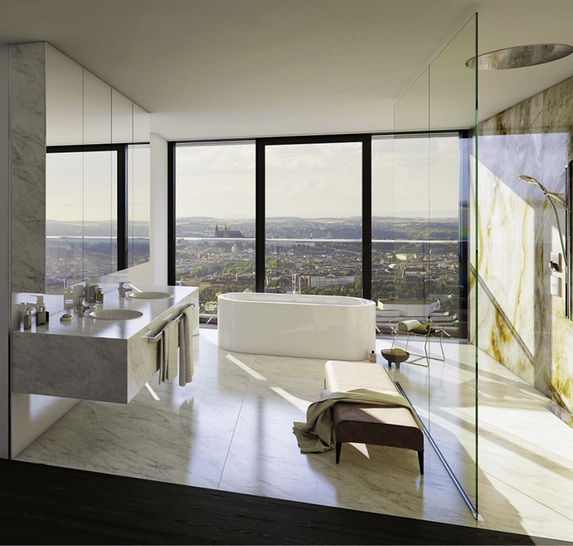 
In den Penthäusern des V-Towers laden die Badewannen namens Meisterstück Duo Oval zum Entspannen ein.



