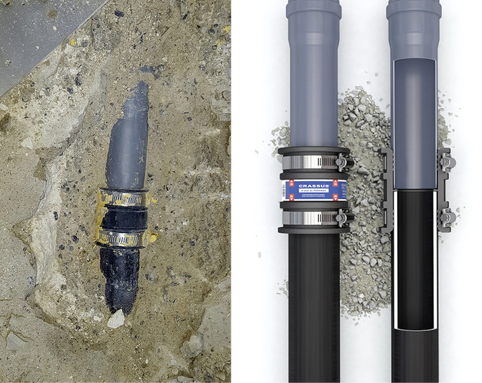 
Der Crassus-Schlauchadapter CDC 050 Typ 1 (rechts) ist ein außen liegender Adapter zur Verbindung zweier Abwasserrohre mit gleichen Rohrdimensionen (DN).



