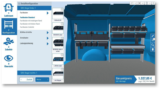 <p>
</p>

<p>
Keine Komplikation: Passend zum gewählten Fahrzeug lässt sich virtuell nur das an SR5-Komponenten konfigurieren, was tatsächlich verbaut werden kann.
</p> - © Darstellung: Sortimo

