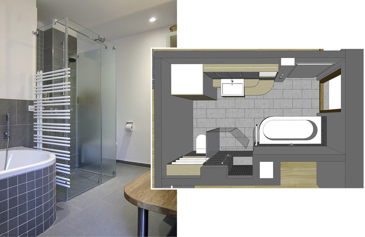 





Das Komfortbad: Der Raum wird durch den Schrank für Waschmaschine und Trockner auf der einen Seite und die dreiseitige Duschkabine auf der anderen Seite in zwei Bereiche gegliedert.

