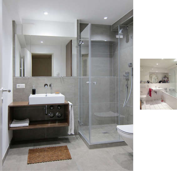 
Nachher und vorher (kleines Bild): Im modernisierten Bad ist der Waschtisch das bestimmende Element. Ursprünglich fiel der Blick auf das WC. 



