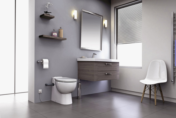 Bild 1:  Hebeanlagen wie das Sanicompact Pro ermöglichen es, im Bestand nachträglich Bäder unterhalb der Rückstauebene einzubauen. Die DIN EN 12 050-3 definiert die Einsatzbereiche ­solcher Kleinhebeanlagen.