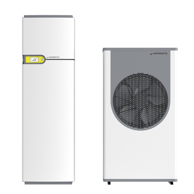 Auf der ISH 2019 von Waterkotte erstmalig der Öffentlichkeit präsentierte Luft/Wasser-Wärmpumpe EcoTouch Ai1 Air Bloc mit dem Kältemittel R32.