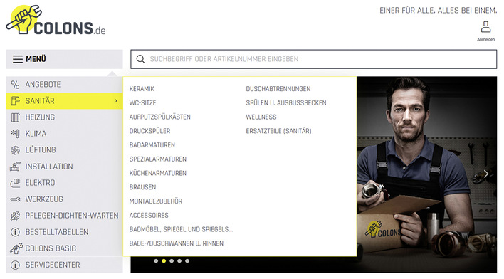 Im Onlineshop Colons finden Fachhandwerker über 200 000 Artikel und vielfältige Funktionen.