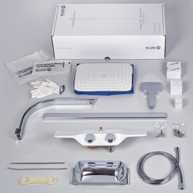 Komplett plastikfrei: Die Verpackung für das Duschsystem Kludi Cockpit Discovery besteht in erster Linie aus Pappkarton, der aus recyceltem Altpapier hergestellt wird. Zum Einsatz kommen zudem aus Speisestärke gefertigte kunststoffähnliche Materialien, um Kleinteile sicher zu verpacken.