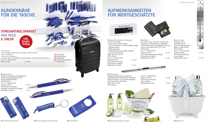 Präsente zum Jahresende: Digitale Wetterstation, Geldbörse, Feuerzeug, Thermometer oder Bad-Accessoires – zahlreiche Produkte lassen sich als Werbeträger nutzen. Mit einem Firmenaufdruck bleibt der Innungsbetrieb beim Kunden als Ansprechpartner im Blick.