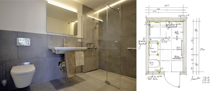 Industrial Chic auf hohem Niveau: Dass sich hinter der zeitlosen Betonoptik eine ausgeklügelte barrierefreie und KfW-konforme Planung ­verbirgt, wird erst auf den zweiten Blick deutlich, z. B. am wegklappbaren Glaselement, um Bewegungsfläche zu gewinnen.