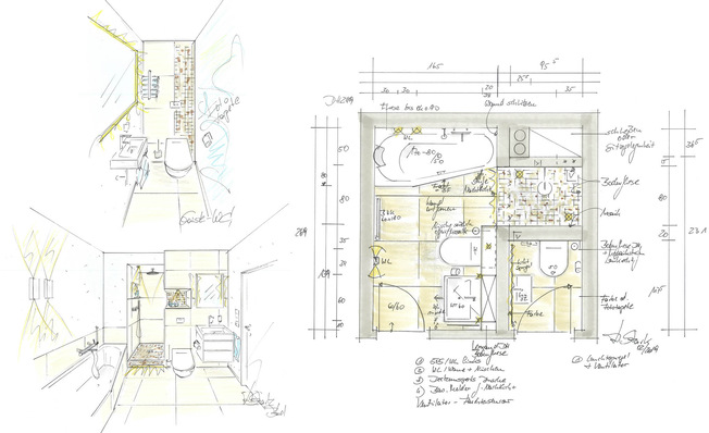 Bad und Gäste-WC bleiben getrennte Räume, aber mit einer anderen Flächenverteilung: Das Gäste-WC „schrumpft“, der gewonnene Raum wird dem Hauptbad zugeschlagen. In die Nische kommt eine Dusche, die es vorher im Bad nicht gab. Die neue trapezförmige Badewanne erleichtert den Zugang. Aus verständlichen Gründen der Intimität sollte das Gäste-WC unbedingt für die Gäste des Hauses beibehalten werden, um das Badezimmer ausschließlich für den Privatgebrauch vorsehen zu können.