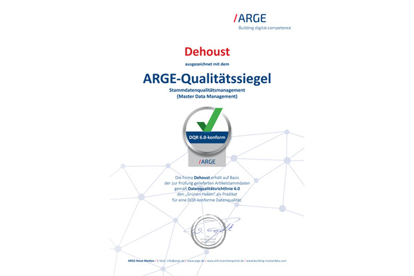 Das Siegel bescheinigt, dass Dehoust Produktstammdaten nach den mit DG Haustechnik und ZVSHK abgestimmten Prüfkriterien liefert.