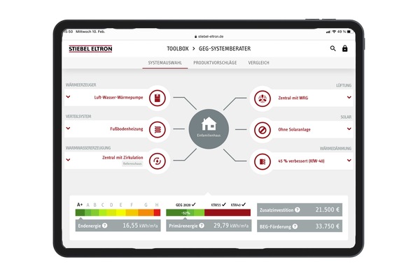 Der GEG-Systemberater von STIEBEL ELTRON liefert mit wenigen Klicks Informationen zu Endenergieverbrauch, Fördersumme und Primärenergiebedarf eines geplanten Gebäudes. Gleichzeitig bietet er Produktvorschläge für die Umsetzung der Haustechnik.