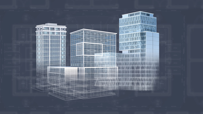 Office buildings background generated with a CAD software for architectural design, showing constuction plans, blueprint and structure. All models and plans are available in  my portfolio.