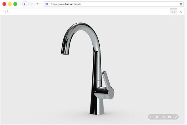 3D-Plattform von Hansa: Der Betrachter kann zwischen interaktiver 3D-Ansicht, Augmented Reality Modus oder Virtual Reality Darstellung auswählen.  Hier die  Hansadesigno Style -Waschtischarmatur.