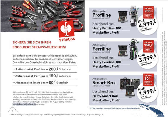 Das UWS Technologie Aktionspaket „Heizwasser“ bietet Engelbert Strauss-Gutscheine im Wert von 80 € bis 200 €. Der Aktionszeitraum läuft noch bis 31. Juli 2021.