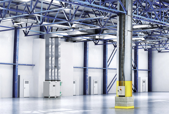 Montagebeispiel in einer Lager- und Fertigungshalle: Solche RLT-Anlagen müssen dem Arbeitsschutzgesetz und der Arbeitsstättenverordnung entsprechen und gemäß den Hygieneanforderungen nach VDI 6022 oder Eurovent HAHU ausgeschrieben werden.