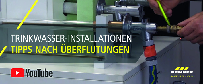 Wie man mit überfluteten Trinkwasser-Installationen richtig umgeht und was dabei unbedingt beachtet werden muss, zeigt die neue Video-Anleitung von Kemper