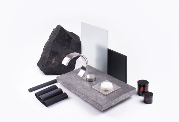 Als „Ursprung der Regeneration“ inszeniert das „Mystic“-Bad die CYO Armatur mit Platin matt in Kombination
mit schwarzem Stahl, hochwertigen Kvadrat Polsterstoffen, schwarzem Anilinleder und Basalt, satiniertem Glas
und dunklem Beton.