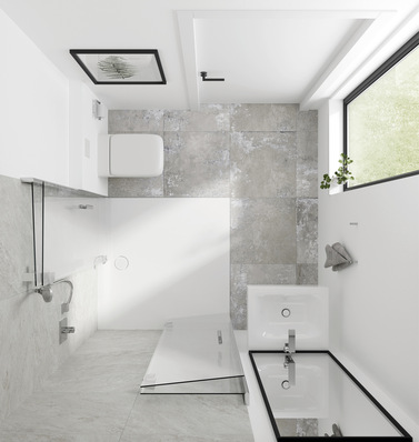 Schönheit in Grau: Die BetteFlat aus glasiertem Titan-Stahl ist eine Duschfläche speziell für die barrierefreie Nutzung von Badezimmern gemäß DIN 18040-2, zertifiziert durch DIN Certco. Bodeneben installierbar, kann sie bei kleinen Grundrissen 50 % ihrer Fläche für überlagernde Bewegungsflächen zur Verfügung stellen und damit in harmonischen Kontrast zur restlichen Badgestaltung gesetzt werden.