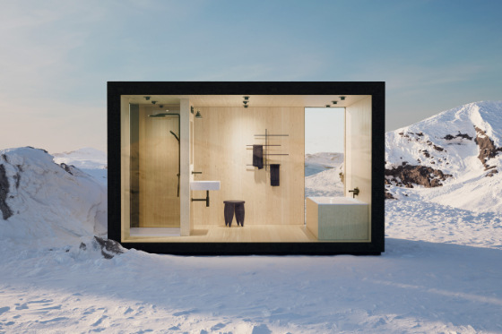 Der Bad-Pavillon verbindet Holzbau mit Badelementen aus glasiertem Titan-Stahl.