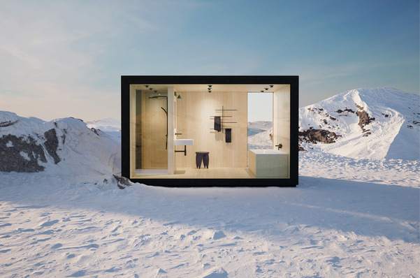 Das Haus Mount Fuji besitzt eine ­Außenfassade aus feuerbehandeltem Fassadenholz in japanischer Tradition. Wer möchte, kann sich in diesem Haus via Augmented Reality inmitten eines Schneesturms fotografieren lassen.