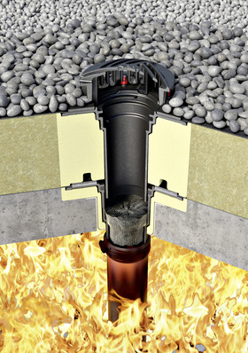 Schematische Darstellung ­eines verbauten Brandschutz-Dachablaufes mit aktiviertem Intumeszenzmaterial gegen Feuer von unten.