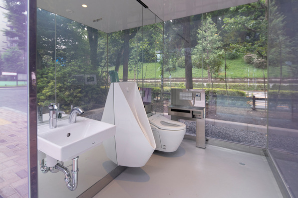 Sobald die Verriegelung der Tür von innen betätigt wird, verfärbt sich das Glas als undurchsichtige Wand, so dass der Nutzer von unliebsamen Blicken geschützt ist.