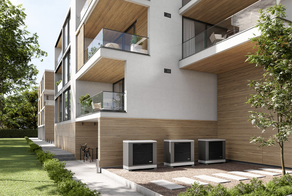 Die x-change dynamic pro Wärmepumpe erreicht einen COP-Wert von bis zu 4,80 (A2/W35) und ist in verschiedenen Leistungsstufen erhältlich – siehe Bild: geeignet für Kaskade – für Neubau und Sanierung. Neu ergänzt wurde ein Modell mit bis zu 19 kW für Gebäude mit höherem Wärmebedarf. Eine aktive Kühlfunktion ist bei allen x-change dynamic pro-Geräten bereits serienmäßig integriert.