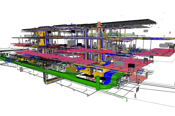  Das neue Viega Seminarcenter „Viega World“ ist als virtuelles Modell integral mit der Arbeitsmethodik BIM geplant und wurde während der Realisierung an den BIM-Modellen konsequent digital dokumentiert. Die Grafik zeigt exemplarisch die Planung der Technischen Gebäudeausrüstung.