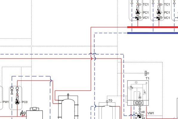Vereinfachte Darstellung des Schemas der Heizungsanlage der Planitzer trans-sporting GmbH in Schwieberdingen.