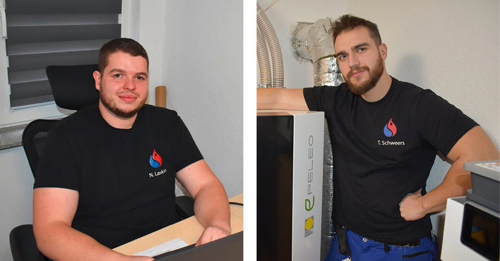 Natan Laskin (links) übernimmt den Badbereich und die Pelletheizungen, Tim Schweers legt den Fokus auf den Heizungsbereich, Wartungen und Wärmepumpen.