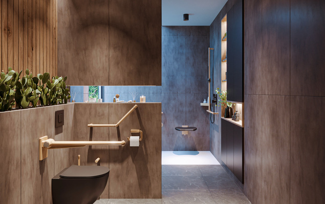 Es geht doch: behindertengerecht und gleichzeitig elegant. Wichtig ist genügend Licht und ein starker Hell-Dunkel-Kontrast zwischen Einrichtung, Wand und Boden. Hier sind die Haltegriffe in Graubeige gut vor der dunklen Wand erkennbar.