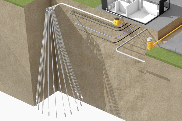 Die Schrägbohrtechnik GeoStar erschließt den Untergrund unter Bestandsgebäuden und macht die Nachrüstung von Quartieren mit Erdwärmesonden möglich.