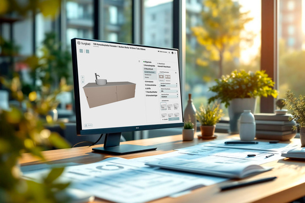 Alt-Text: „Computerbildschirm zeigt Sanitärplanung mit 3D-Software, umgeben von technischen Zeichnungen auf einem Schreibtisch mit Tageslicht und Pflanzen. - © Burgbad