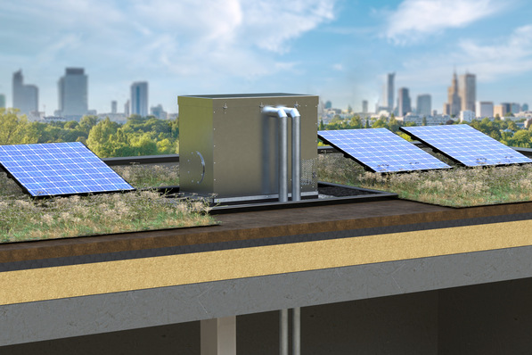 „Dachgarten mit Solarmodulen und moderner Klimaanlage überblickt die städtische Skyline – Beispiel für nachhaltige Integration von Solarenergie und Klimatisierung in der Gebäudetechnik. - © Aereco