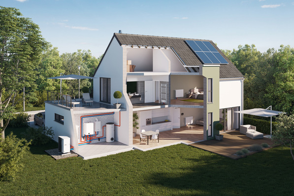 „Querschnitt eines modernen Gebäudes mit solarthermischen Anlagen auf dem Dach, energieeffizienten Heiz- und Kühlsystemen sowie integrierten Sanitärtechnologien, umgeben von einer nachhaltigen Landschaftsgestaltung. - © Brötje