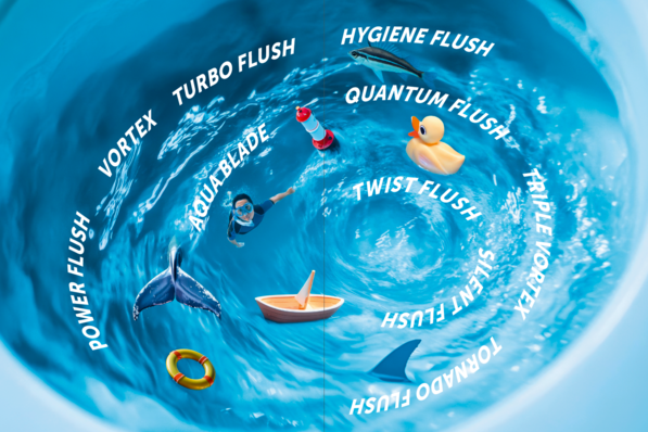 Schematische Darstellung verschiedener Spülsysteme: Eine Toilettenschüssel zeigt den Wasserfluss umgeben von symbolischen Objekten wie einer Ente, einem Boot und einem Rettungsring, die unterschiedliche Spültechnologien repräsentieren. - © marco - stock.adobe.com