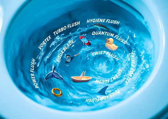 „Intelligente Spültechnologie: Darstellung einer Toilette mit unterschiedlichen Objekten, die verschiedene Spülfunktionen und Wasserflussmuster für effiziente Wassernutzung in der Sanitärtechnik symbolisieren. - © Bild: marco - stock.adobe.com