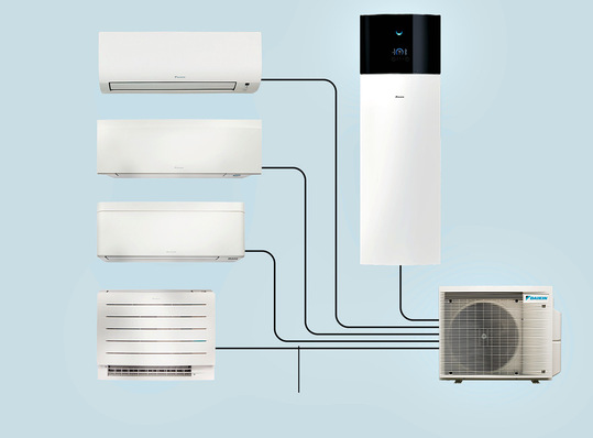 „Diagramm eines mehrzonigen Klimasystems mit detaillierter Darstellung der Innen- und Außeneinheiten sowie ihrer Verbindungen, hervorhebend die energieeffiziente Wärmeverteilung und Zonensteuerungstechnologie für optimale Raumklimatisierung in Gewerbebauten. - © Bild: Daikin